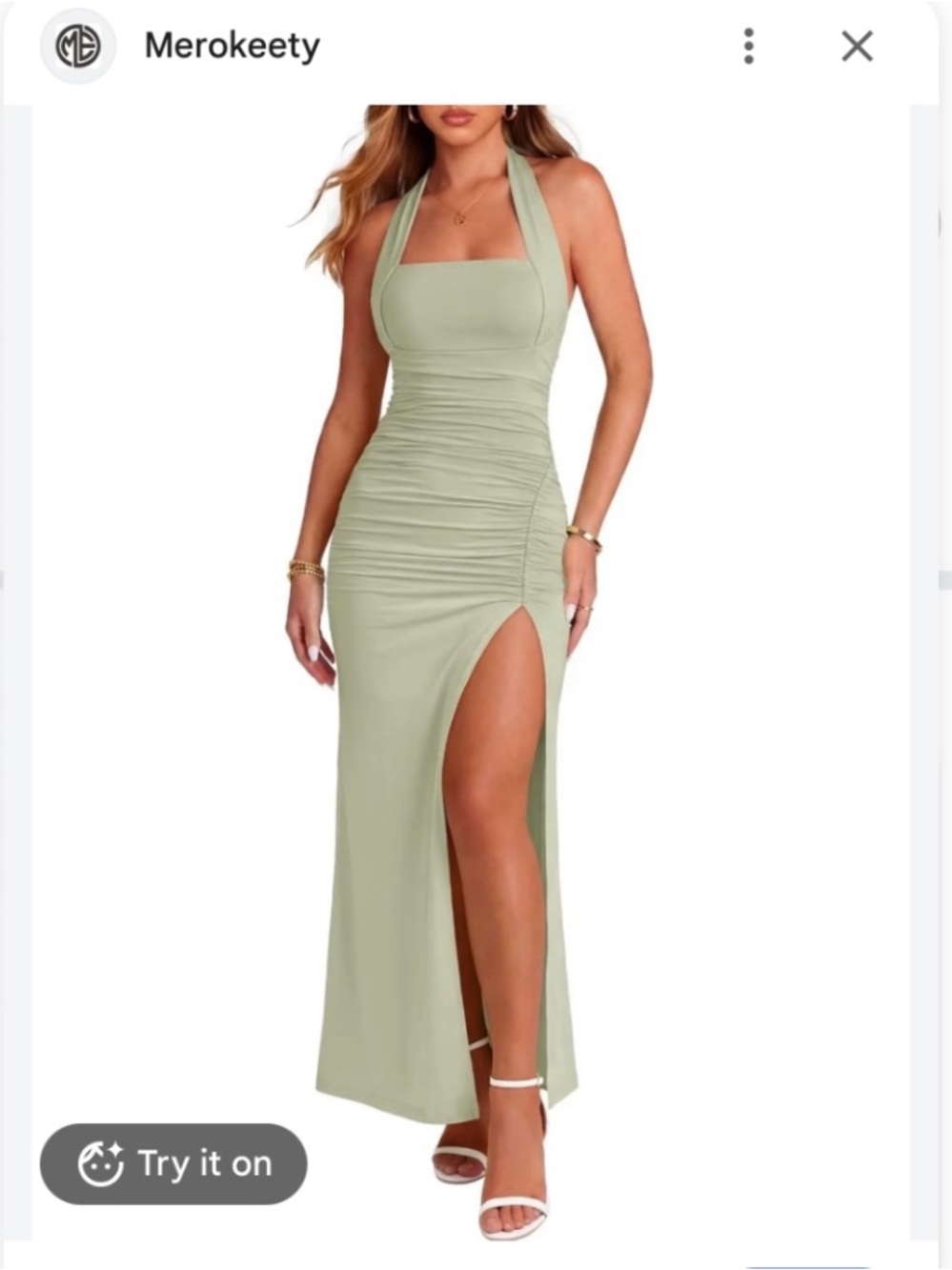 Merokeety Sage Halter Ruched Side-Slit Maxi Dress